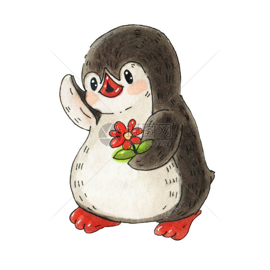 用滑稽的卡通企鹅和花做说明图片