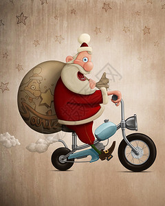 溜走圣诞老人用摩托车送礼插画