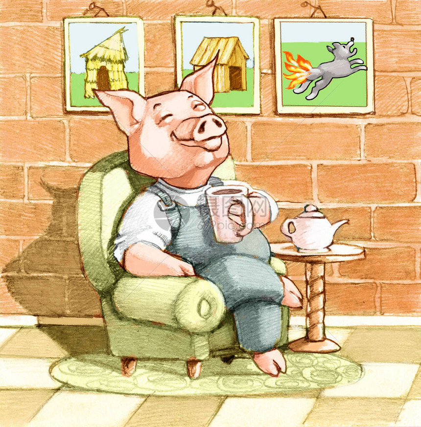 这三只小猪中的一只坐在他美丽坚固的砖房里的扶椅上图片