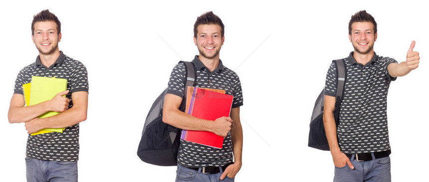 有书和背包的年轻学生在白色图片