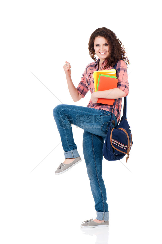 带着书袋和书包的快乐女学生孤立图片