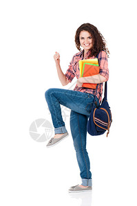 带着书袋和书包的快乐女学生孤立图片