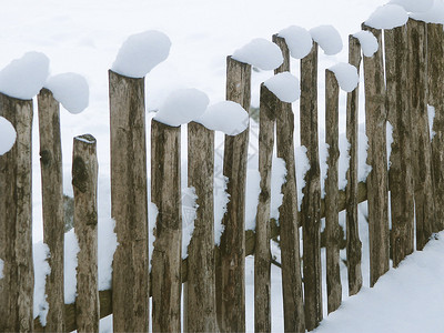 木栅栏上的雪花似乎在点头图片