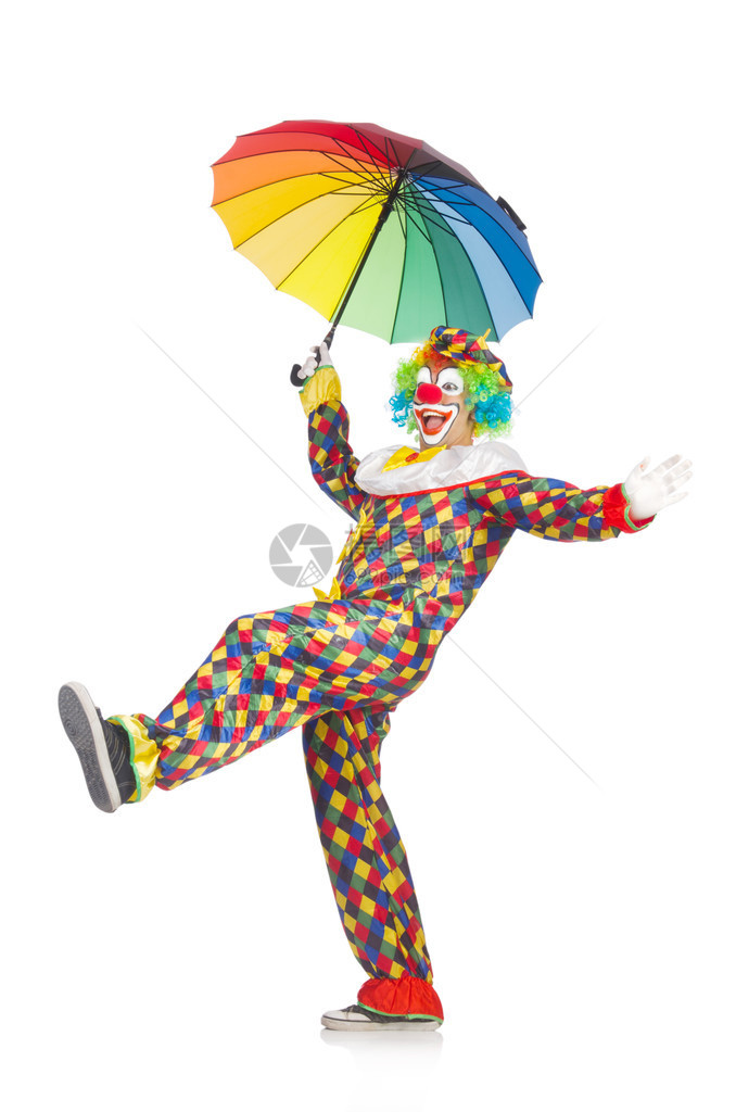 带伞的小丑被白色隔离图片