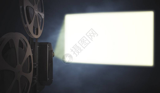 巨型电影放映机正在墙上投射空白屏3D图片