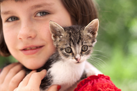 抱着小猫的小女孩户外的图片
