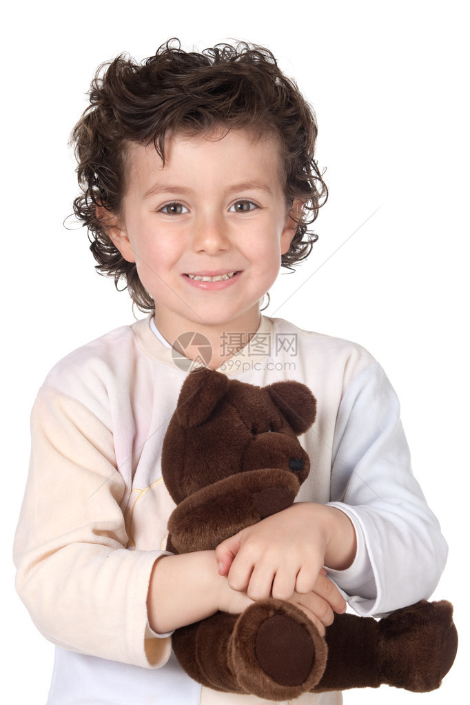 穿着睡衣和泰迪熊的漂亮男孩孤立图片