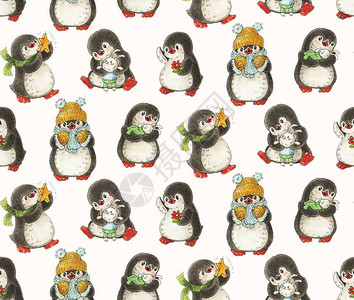 可爱企鹅的无缝图案手图片