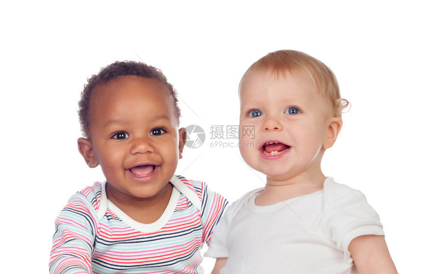 非洲和高加索的婴儿以白人背景取笑他们图片