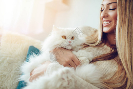 美丽的年轻女士在家里放松拥抱她美丽的白色波斯猫用黄色的眼睛图片