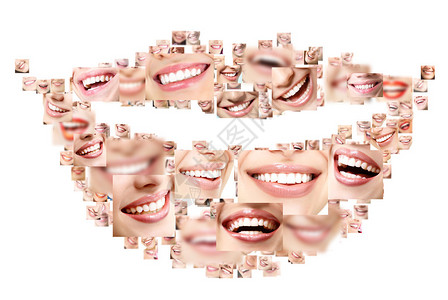 完美笑脸特写的微笑拼贴概念一组美丽的宽人类微笑与健康洁白的牙齿孤图片