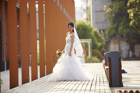 年轻美丽的亚洲新娘的户外肖图片