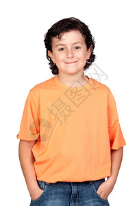长着橙色T恤衫的滑稽孩子图片