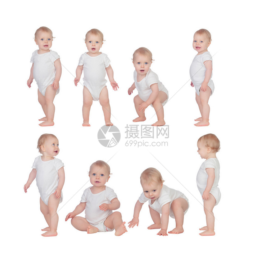 婴儿学习在白色背景上孤立行图片