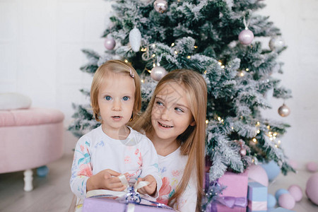 两姐妹在家拿着圣诞树和礼物快乐的儿童女孩与圣诞礼品盒和图片