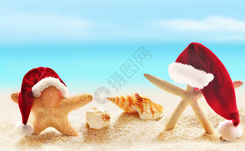 夏季海滩的海星和圣诞老人图片