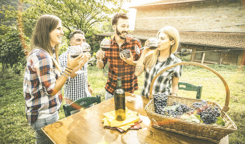 快乐的朋友在酿酒厂的葡萄园里喝得开心与年轻人在农舍一起享受收获的友谊概念在户外品尝红酒的独立体验复图片