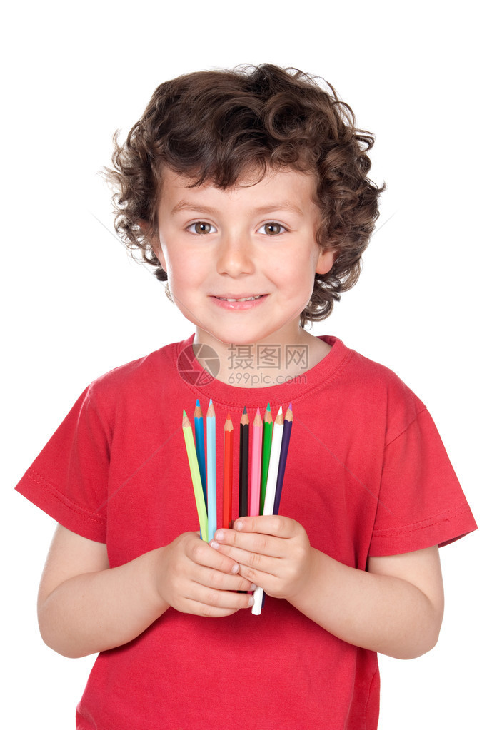 可爱的小男孩有很多彩色的蜡笔图片