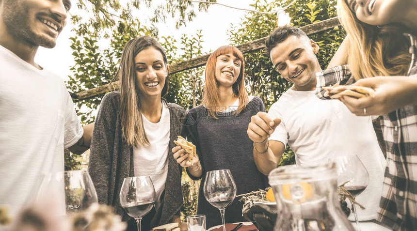 快乐的朋友在花园派对上喝红酒玩得开心在农家葡萄园酒厂一起友谊概念用复古不饱和不透明对比过滤器专注图片