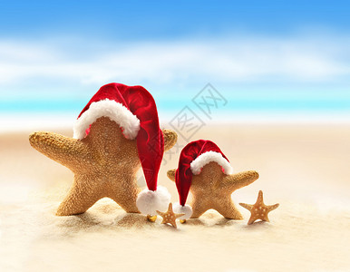 夏季海滩的海星和圣诞老人图片