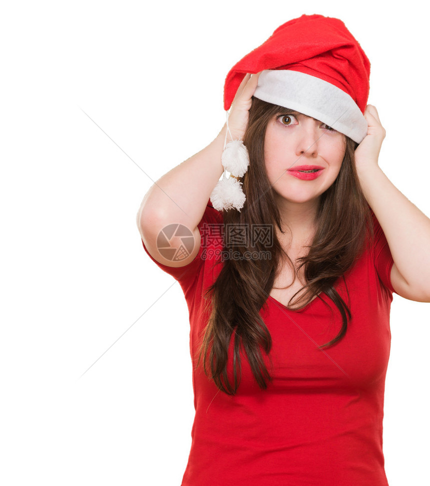 身戴圣诞帽子的忧愁妇图片