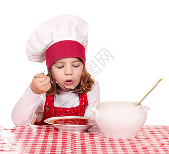 小厨娘吃红番茄汤背景图片