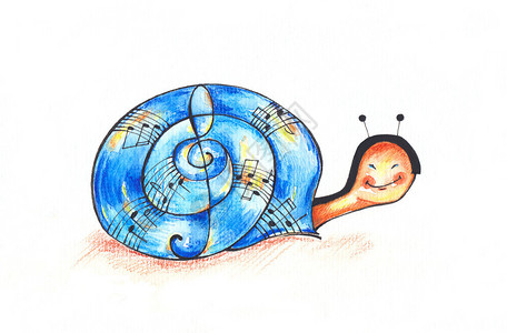音乐蜗牛水彩铅笔和水彩画图片