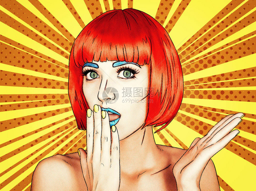 以漫画流行艺术化妆风格描绘年轻女肖像戴红色假发的女在黄色橙色卡图片