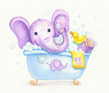 给小象洗澡水彩插图图片