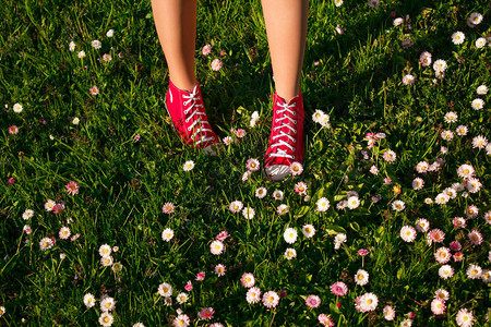 穿着运动鞋穿短腿的青少年脚花朵挂在鲜图片