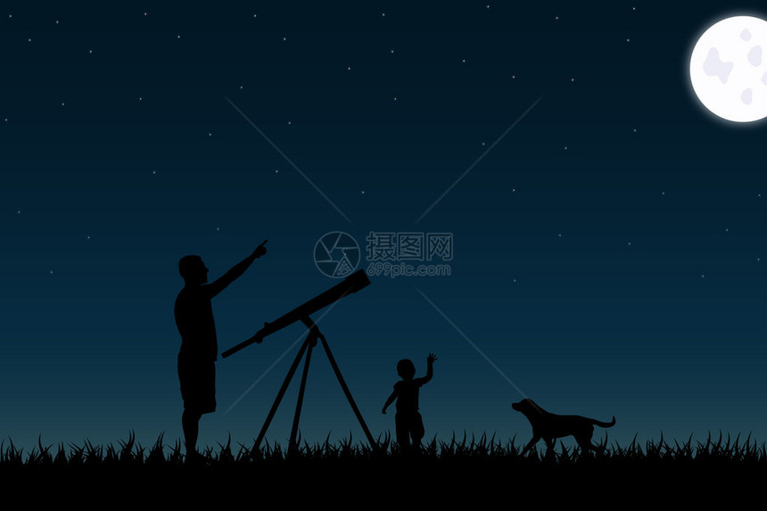 父亲和孩子在晚上观星图片