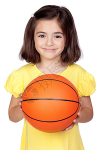 带着篮球的布朗特小女孩孤立在白面以图片