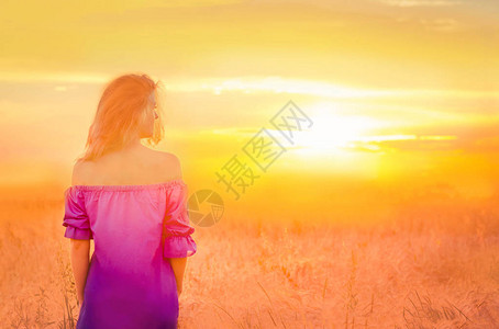 日落时小麦田的浪漫金发女郎美丽的女子图片