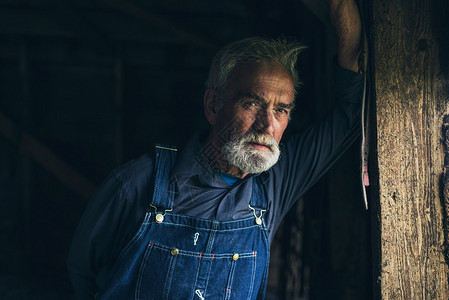 身穿牛仔工装裤的老人站在一栋质朴的旧木屋或谷仓的窗户里凝视着图片