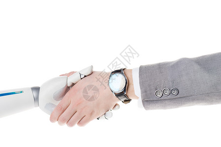 机器人和商人的握手镜头在白图片