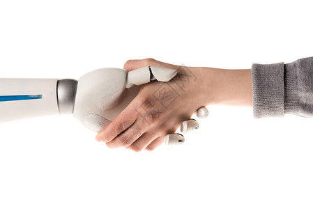 机器人和妇女握手被孤立在白色图片