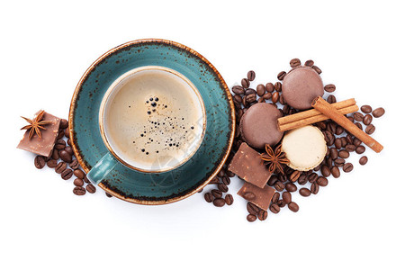 咖啡杯大豆巧克力木瓜和白色背图片