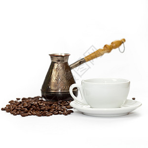土耳其咖啡壶和咖啡豆有图片