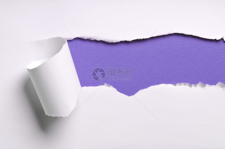 紫色背景下撕破的白纸图片