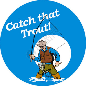 Fly渔夫捕捞鳟鱼的图形设计图和网字捕获鳟鱼在圆圈内图片