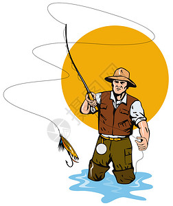 飞钓者捕捉鳟鱼的插图图片