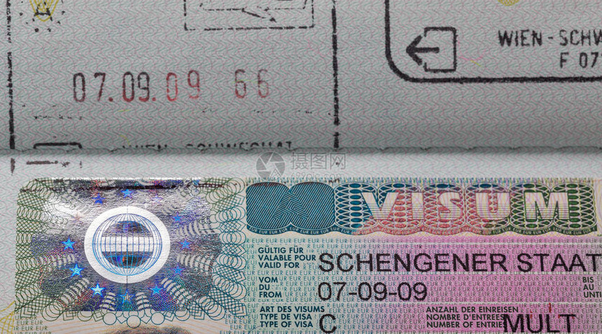 奥地利申根银行在护照封口宏观的申根签证图片