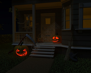 万圣节南瓜灯在家门口的3D渲染设计图片