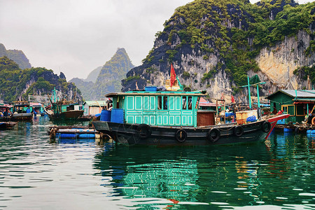 越南河隆湾的浮渔村图片