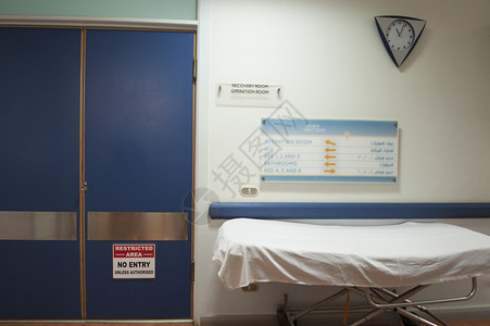 带时钟的手术室外的医院轮床背景图片