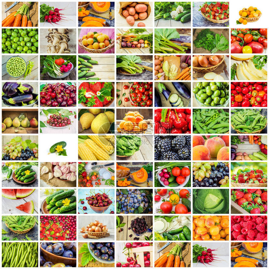 一张照片中的水果和蔬菜拼贴画。图片