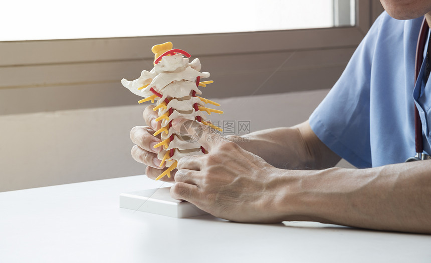 医生向医务室的病人演示子宫颈脊椎模型图片