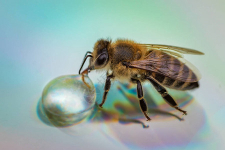 在反射表面的蜜蜂宏观图像喝蜂图片