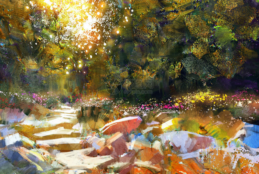 秋林景观绘画中的树木图片