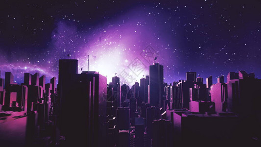 复古未来城市飞越背景80年代科幻合成波景观与星用于EDM音乐视频视频游戏介绍的Vaporwave风格化VJ3D插图4K背景图片